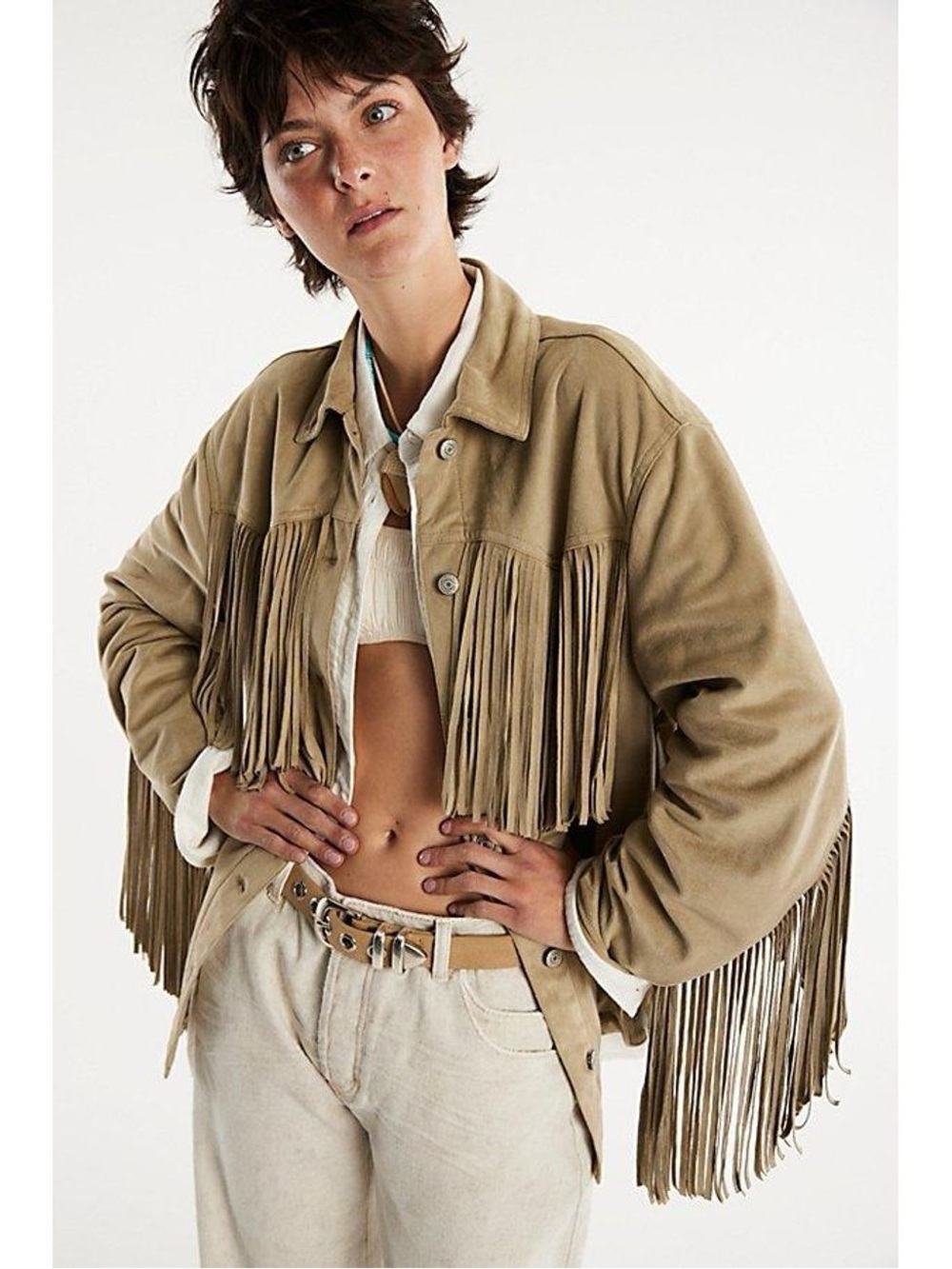 NWT WE THE FREE by FREE PEOOLE Fringe Out Vegan Suede Jacket in Smoked Green